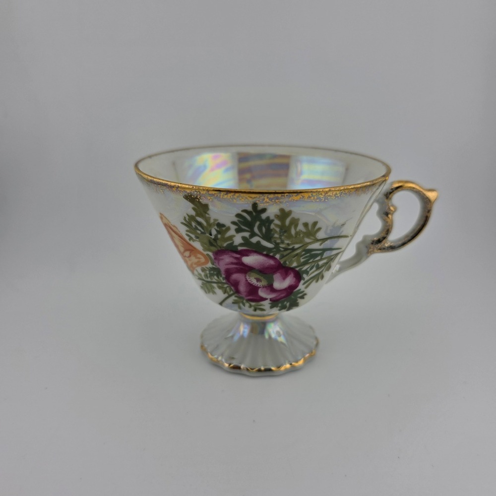 August Poppy Footed Tea Cup Iridescent Lustre Floral Gold Trim Vintage Teacup